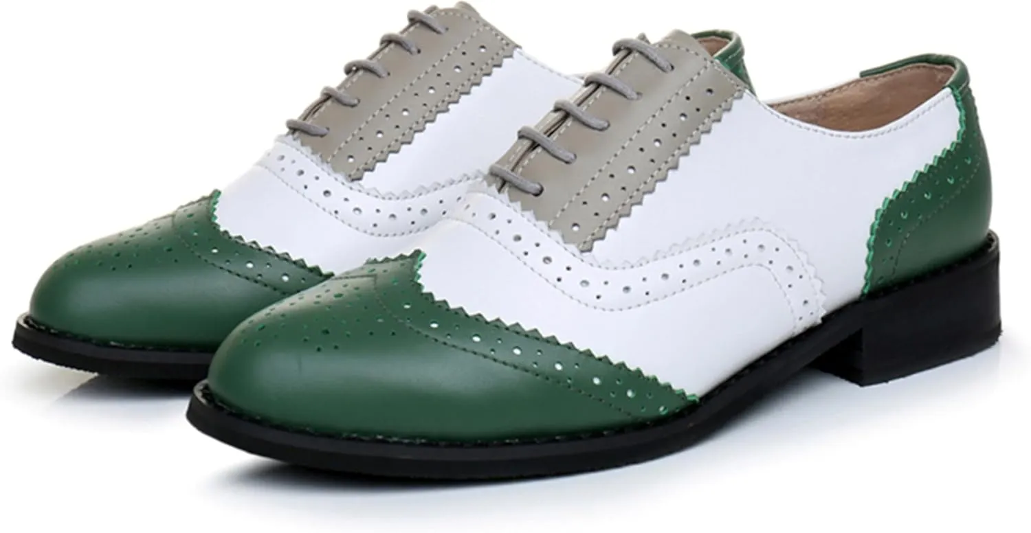 TDA Women's Perforated Wingtip Lace-up Synthetic Leather Dress Vintage Oxford Flat Shoes