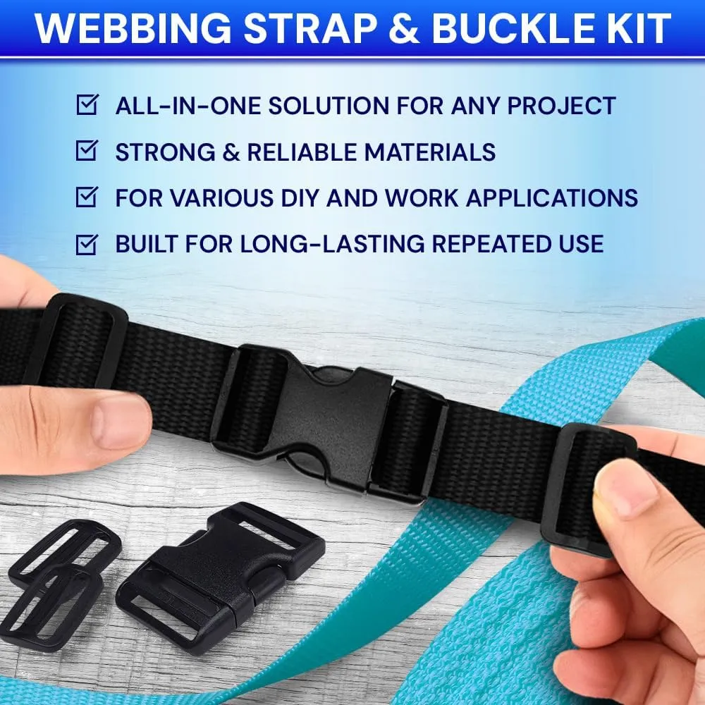 TECEUM Buckles & Strap Kit – 2" Black Nylon Webbing 6 (yd) – 6 Heavy Duty Adjustable Plastic Buckles – 12 Tri-Glide Slide Clips – 6 Metal D-Ring – Ideal Straps for Arts Crafts Outdoors Indoors DIY