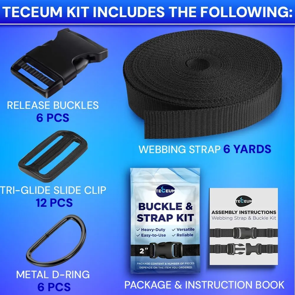 TECEUM Buckles & Strap Kit – 2" Black Nylon Webbing 6 (yd) – 6 Heavy Duty Adjustable Plastic Buckles – 12 Tri-Glide Slide Clips – 6 Metal D-Ring – Ideal Straps for Arts Crafts Outdoors Indoors DIY