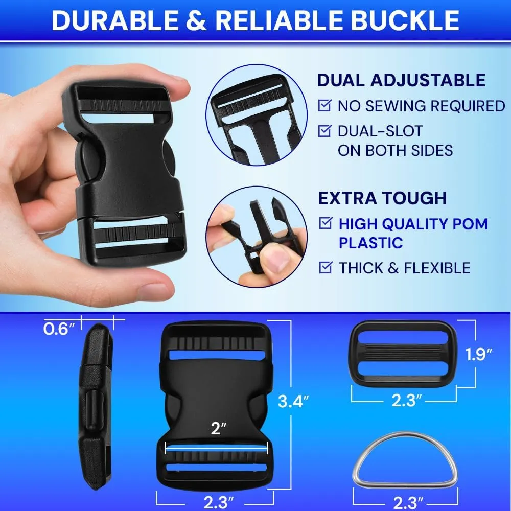 TECEUM Buckles & Strap Kit – 2" Black Nylon Webbing 6 (yd) – 6 Heavy Duty Adjustable Plastic Buckles – 12 Tri-Glide Slide Clips – 6 Metal D-Ring – Ideal Straps for Arts Crafts Outdoors Indoors DIY