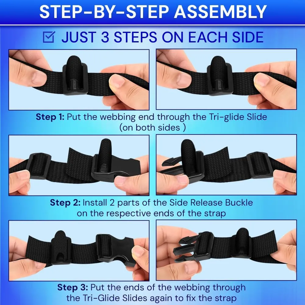 TECEUM Buckles & Strap Kit – 2" Black Nylon Webbing 6 (yd) – 6 Heavy Duty Adjustable Plastic Buckles – 12 Tri-Glide Slide Clips – 6 Metal D-Ring – Ideal Straps for Arts Crafts Outdoors Indoors DIY