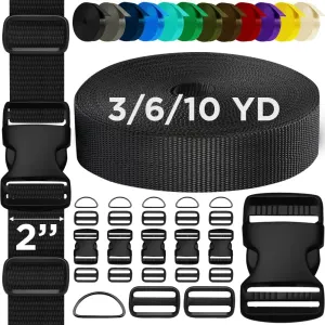 TECEUM Buckles & Strap Kit – 2" Black Nylon Webbing 6 (yd) – 6 Heavy Duty Adjustable Plastic Buckles – 12 Tri-Glide Slide Clips – 6 Metal D-Ring – Ideal Straps for Arts Crafts Outdoors Indoors DIY