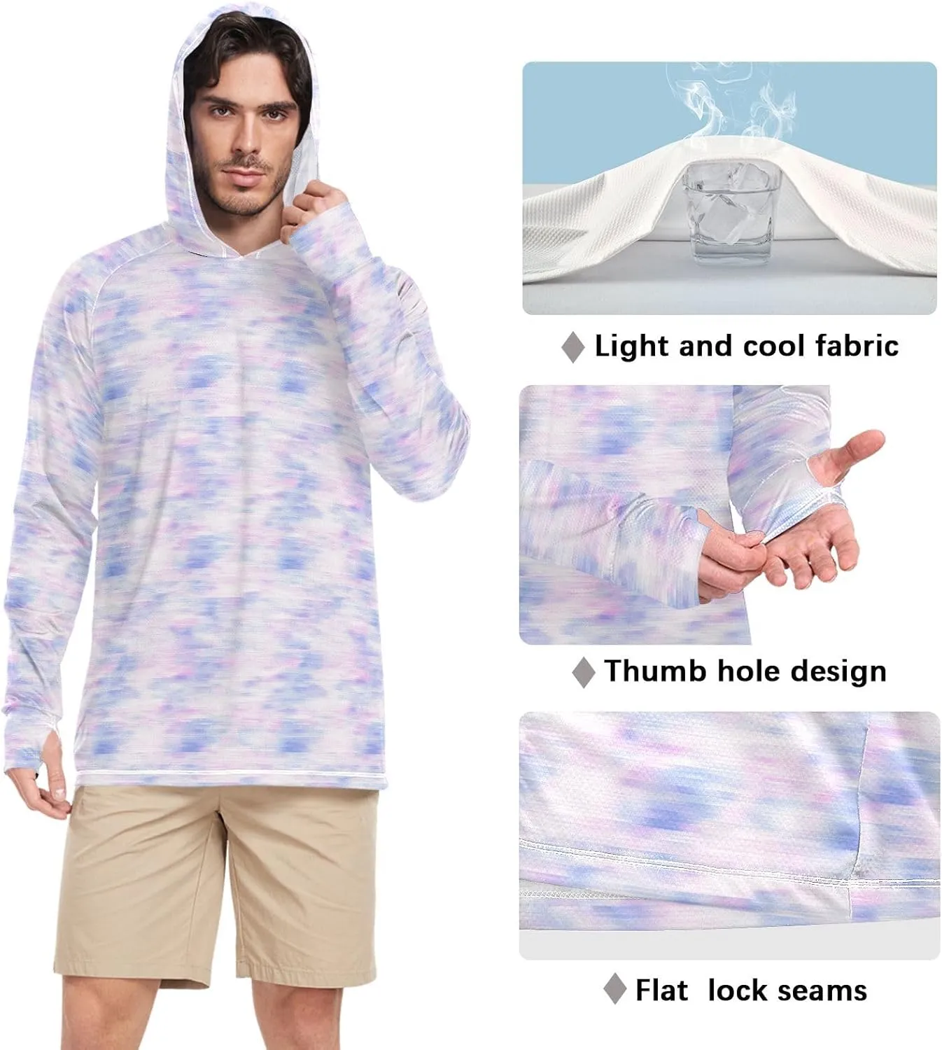 Tied Dyed Blue Men's Sun Shirt Hoodie Long Sleeve Sun Shirt with Hood UPF 50  Adult Rash Guards Hooded Rashguard for Men