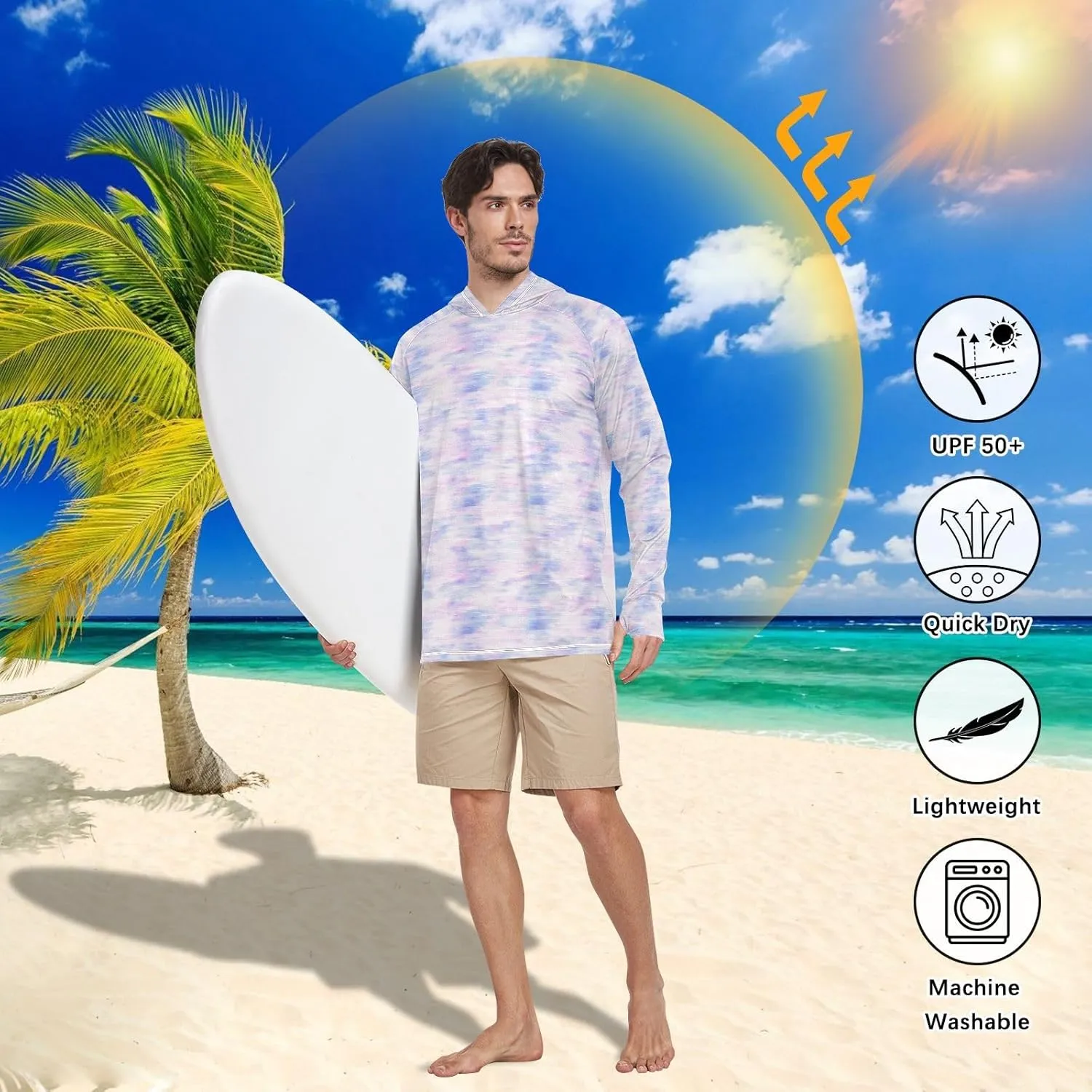 Tied Dyed Blue Men's Sun Shirt Hoodie Long Sleeve Sun Shirt with Hood UPF 50  Adult Rash Guards Hooded Rashguard for Men