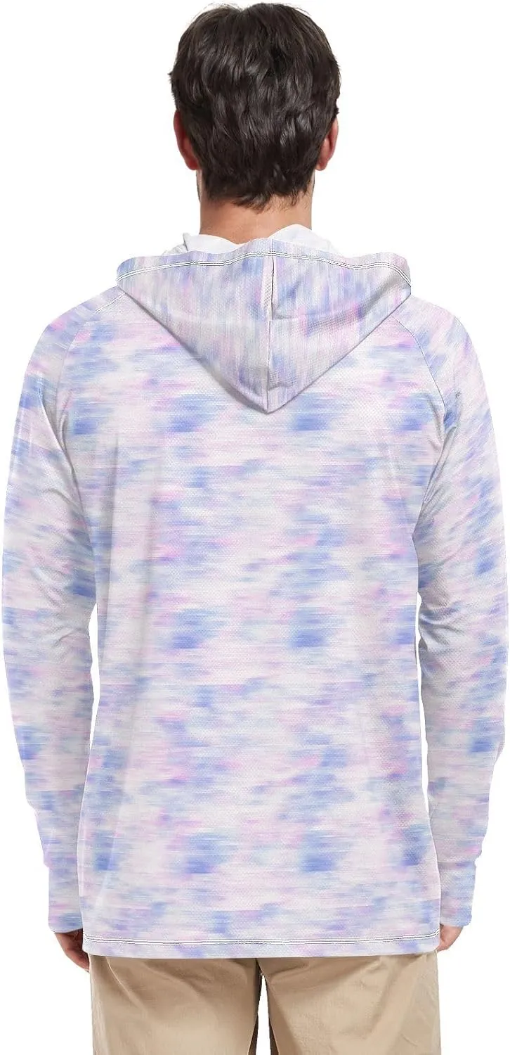 Tied Dyed Blue Men's Sun Shirt Hoodie Long Sleeve Sun Shirt with Hood UPF 50  Adult Rash Guards Hooded Rashguard for Men