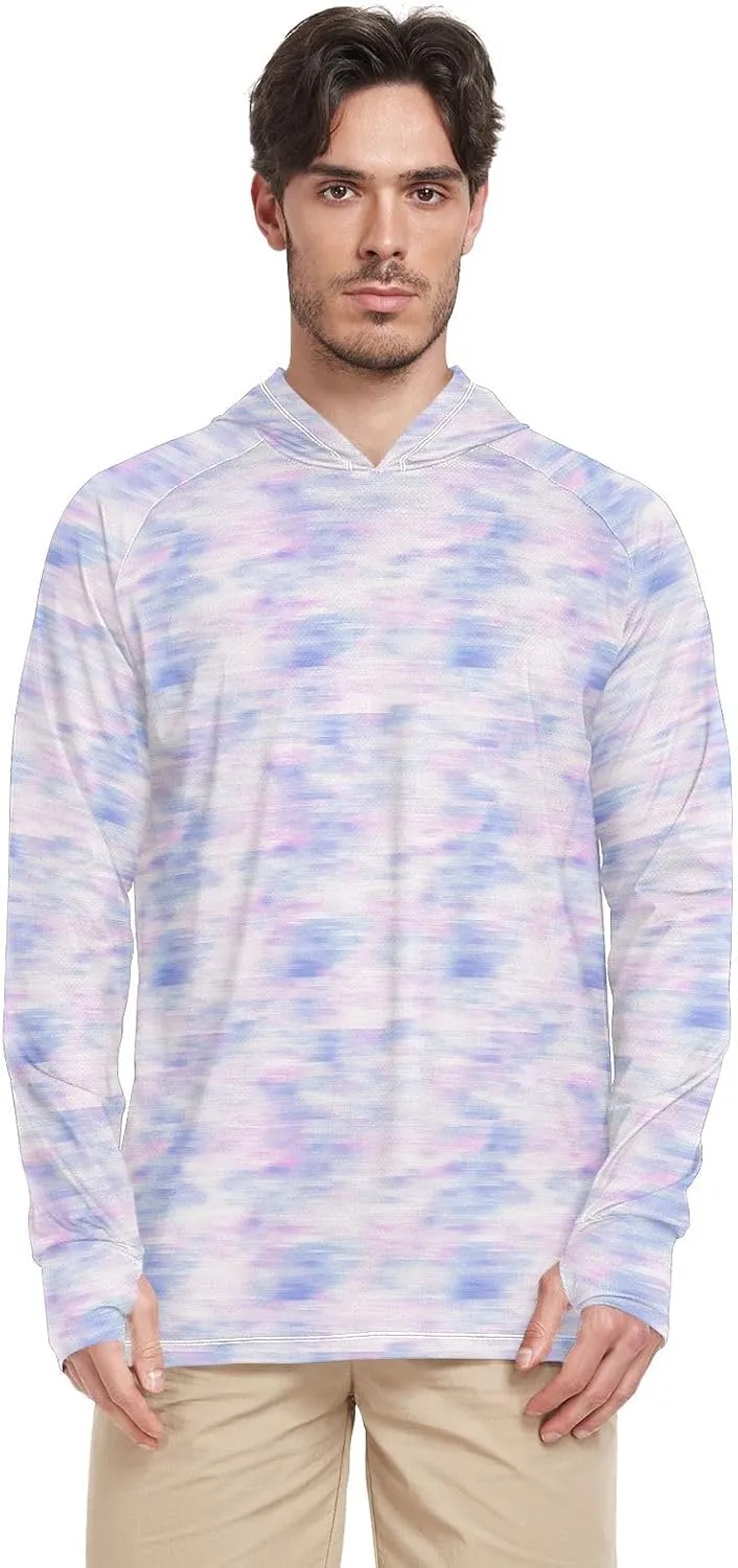 Tied Dyed Blue Men's Sun Shirt Hoodie Long Sleeve Sun Shirt with Hood UPF 50  Adult Rash Guards Hooded Rashguard for Men
