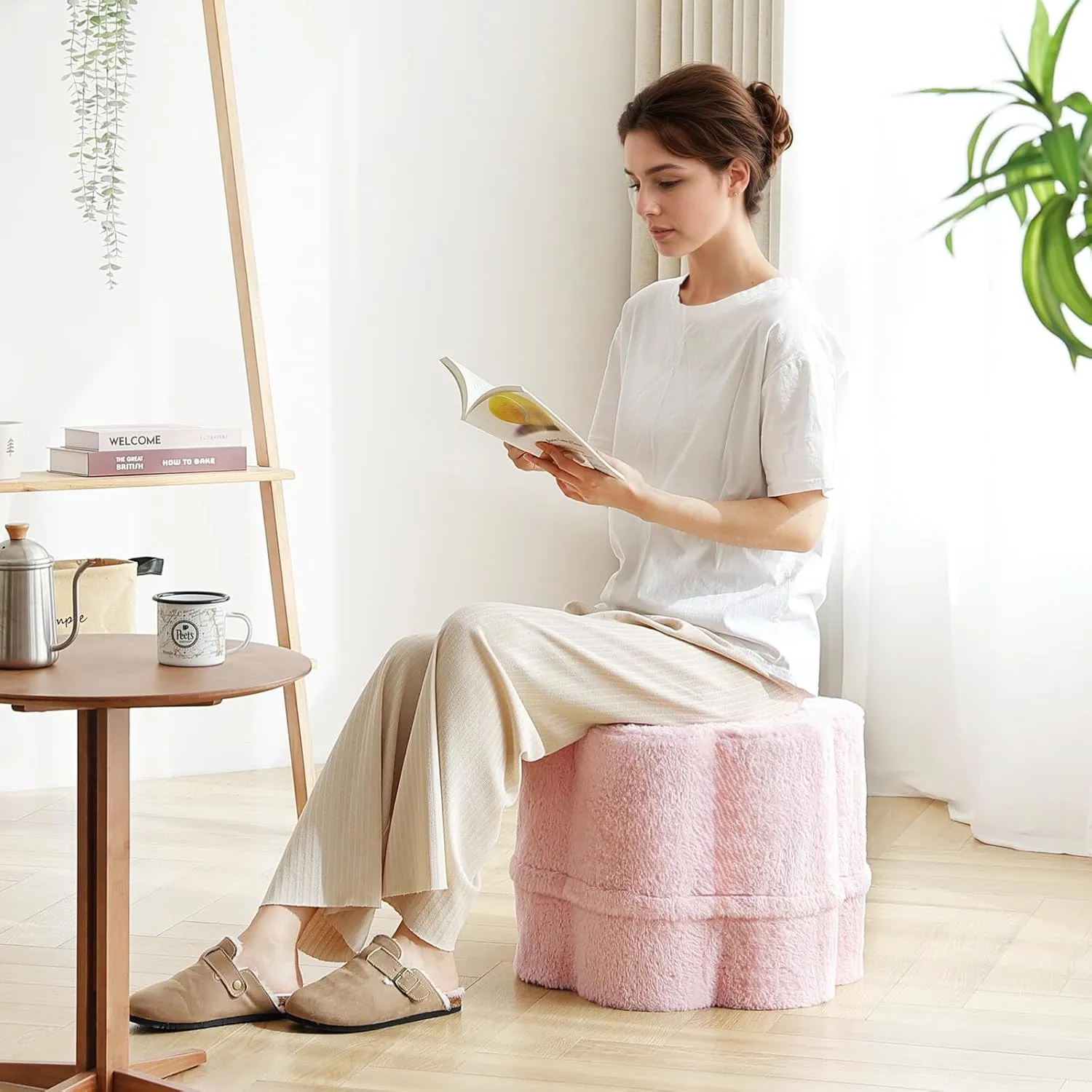 Tiita Floral Pouf Ottoman, Foot Stools Ottoman with Foam Chunk Filling, Puff Foot Rest for Couch, Living Room, Kids Room, Pink