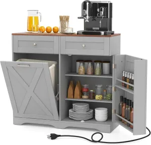 Tilt Out Trash Can Cabinet, Kitchen Island with Power Outlet, 2 Drawers, Adjustable Shelves, Barn Door, Hidden Laundry Hamper, Wooden Sideboard Buffet Cabinet with Storage (Gray)