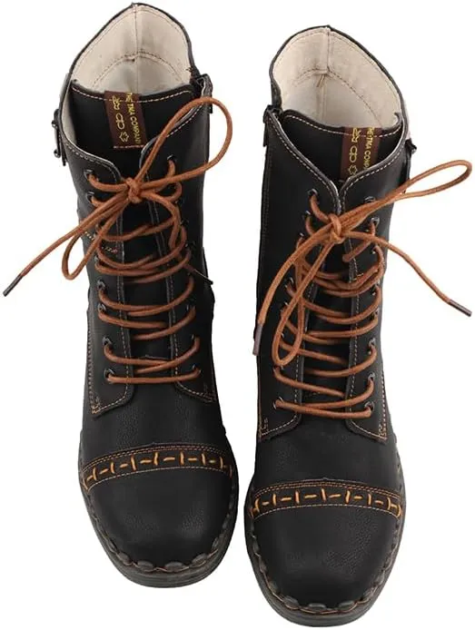 TMA EYES Women's Clasical Lace-Up Zipper Breathable Lining Flat with Hand-stitched Mid-calf Boots