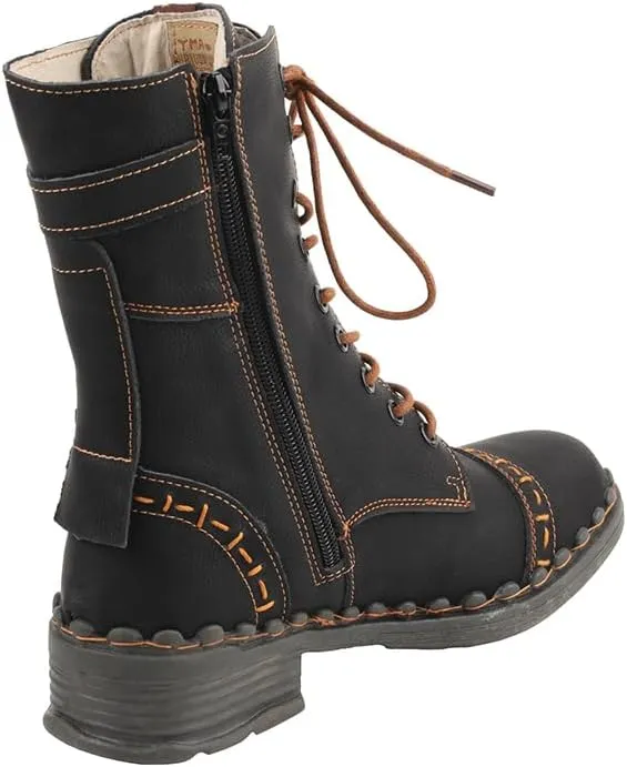 TMA EYES Women's Clasical Lace-Up Zipper Breathable Lining Flat with Hand-stitched Mid-calf Boots