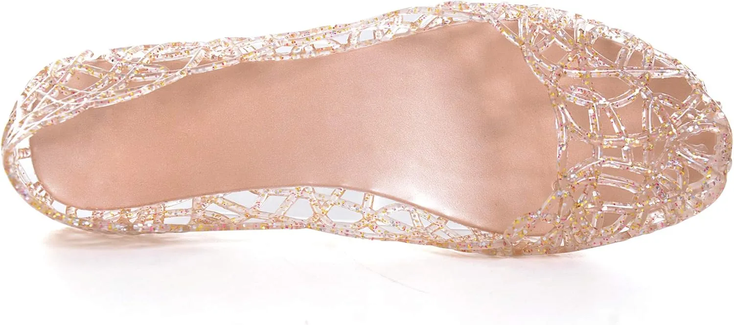 TN TANGNEST Women's Beach Hollow Jelly Shoes Bling PVC Slip On Summer Casual Flat Sandals