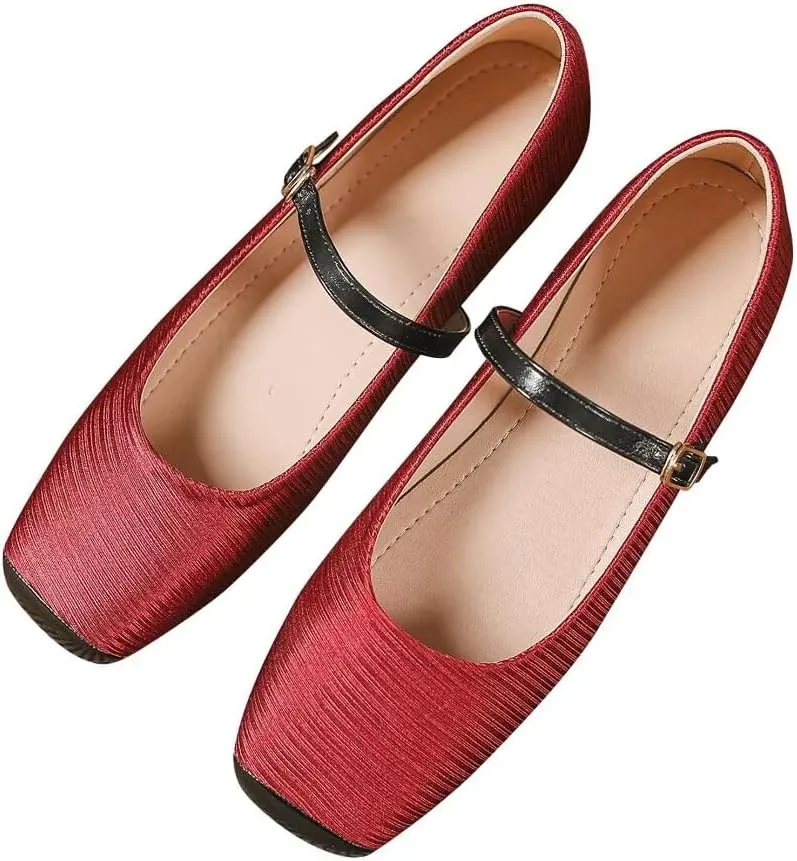 TN TANGNEST Women's Mary Jane Flats Fashion Square Toe Slip On Buckle Flats Soft Comfortable Casual Flat Shoes