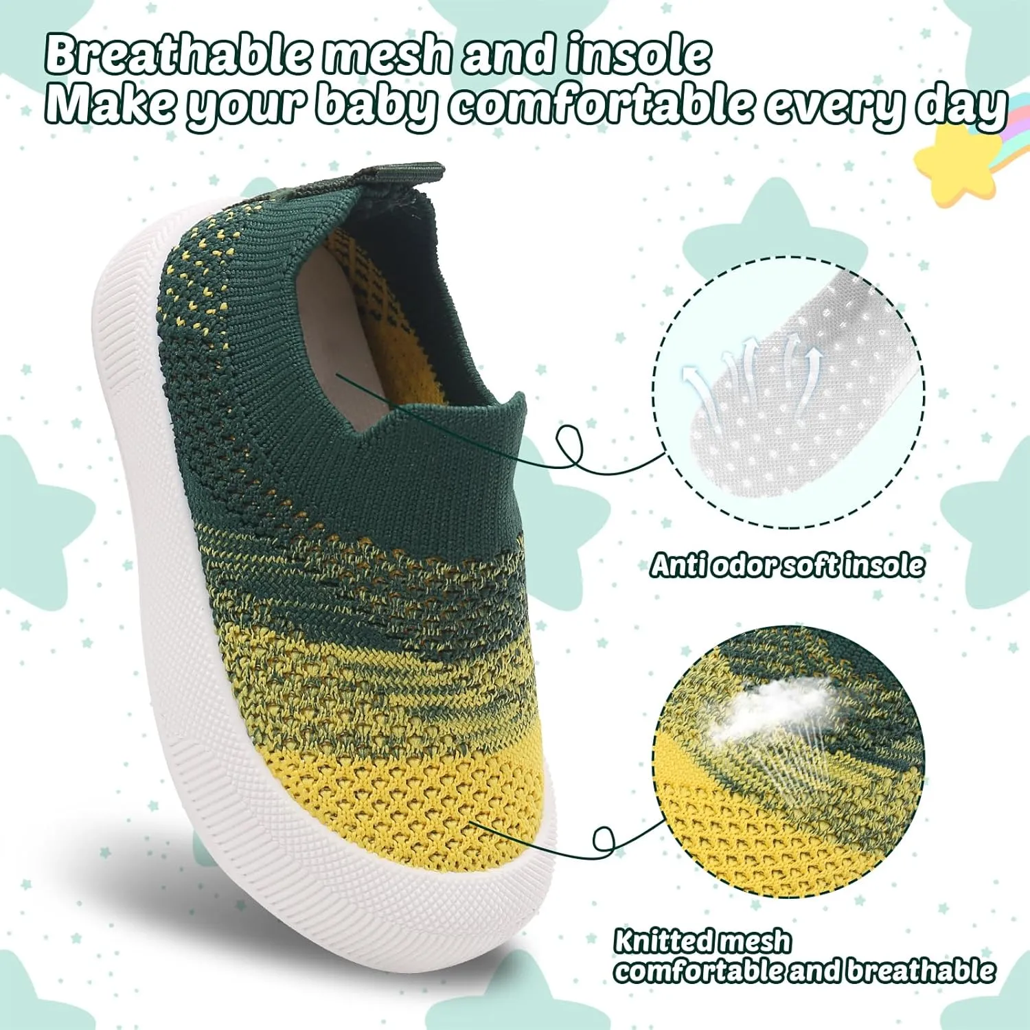 Toddler Summer First Walking Shoes Breathable Non-Slip Soft Sole Wide Toddler Shoes Tennis Sneakers Knitted Mesh Elastic Sock Shoes for Baby Boy Girl Outdoor Indoor Walker Shoes