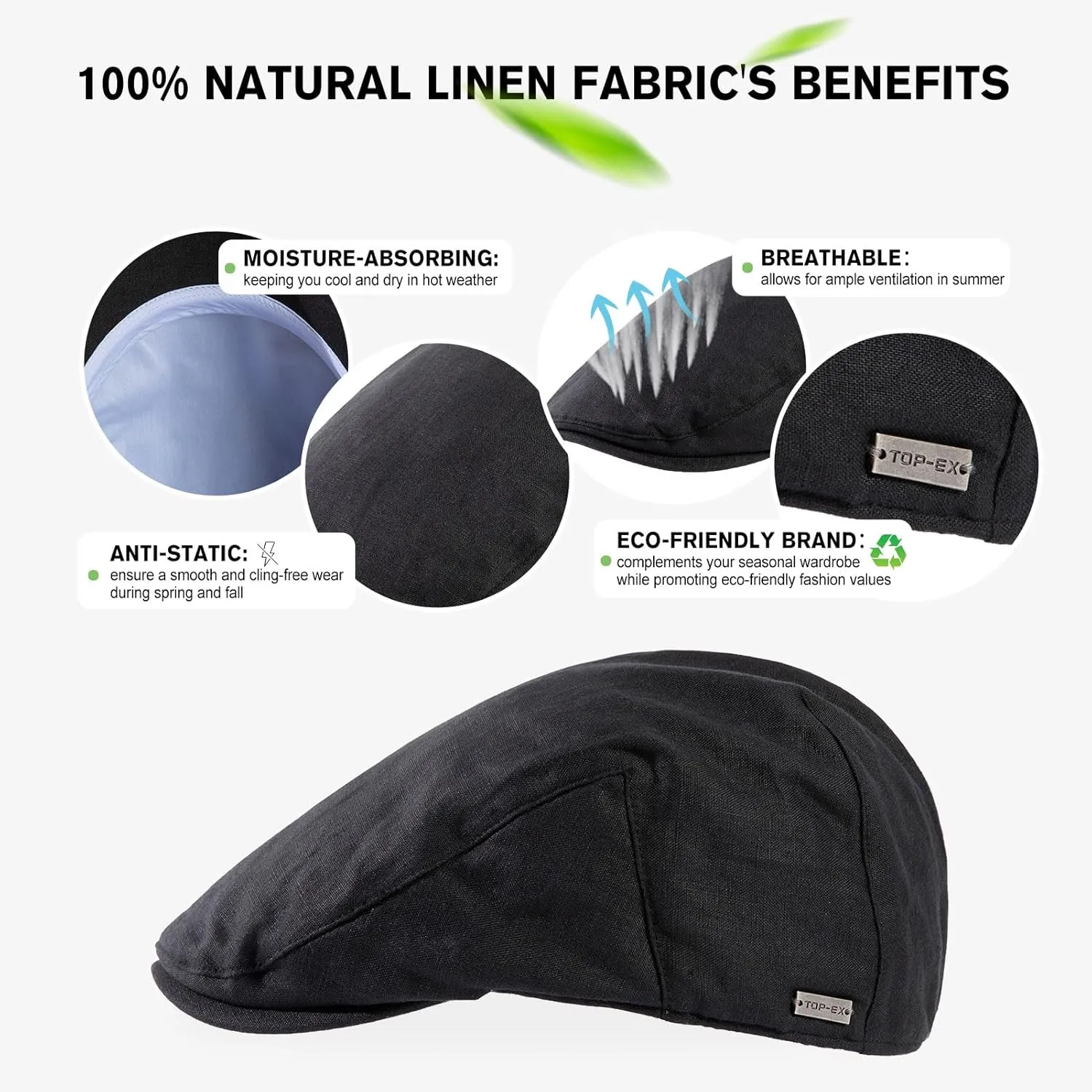 TOP-EX L/XL/XXL 100% Natural Linen Flat Cap Summer Cooling Newsboy Cap