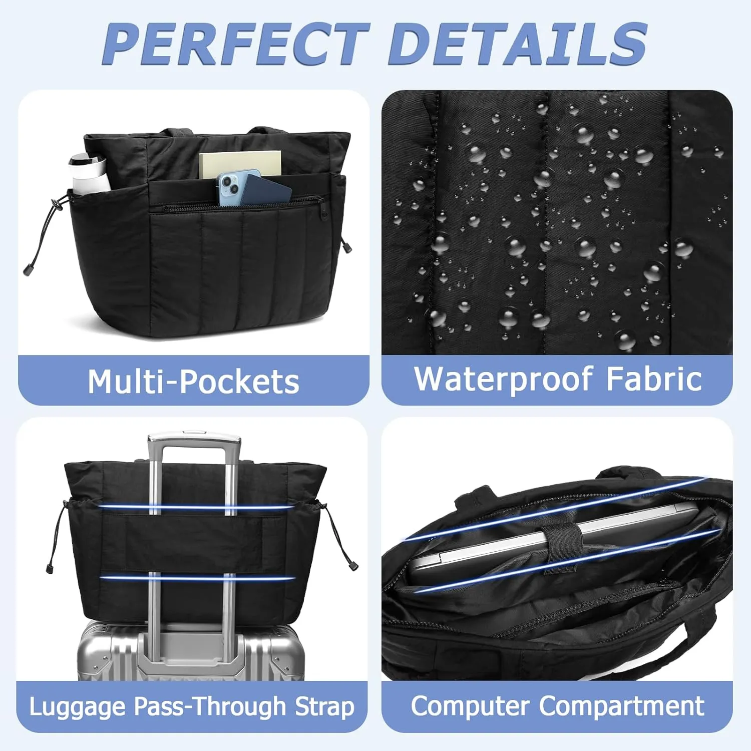 Tote Bag for Women, Lightweight Puffer Tote Bag with Compartments, Quilted Shoulder Bag Handbag with Zipper for Work