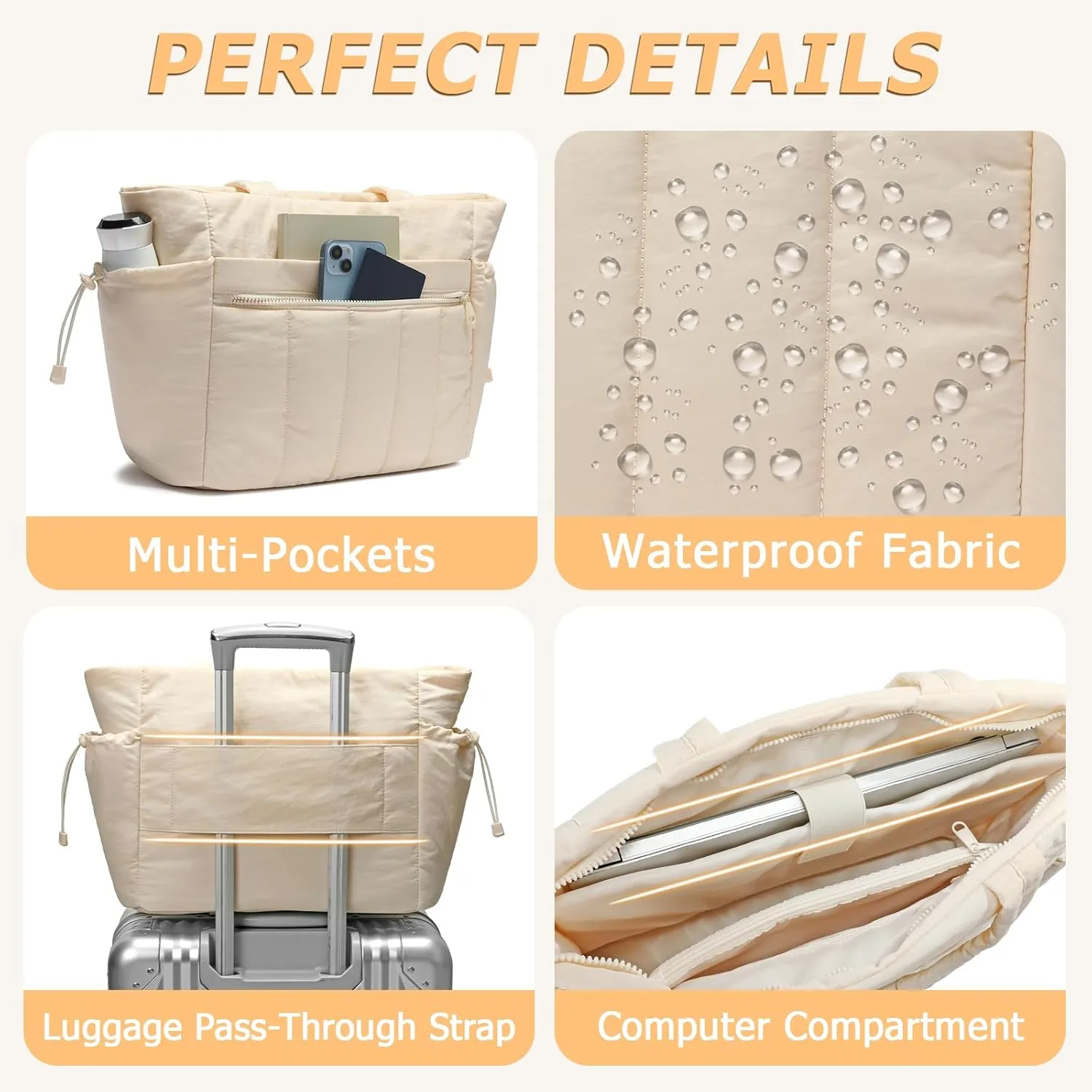 Tote Bag for Women, Lightweight Puffer Tote Bag with Compartments, Quilted Shoulder Bag Handbag with Zipper for Work