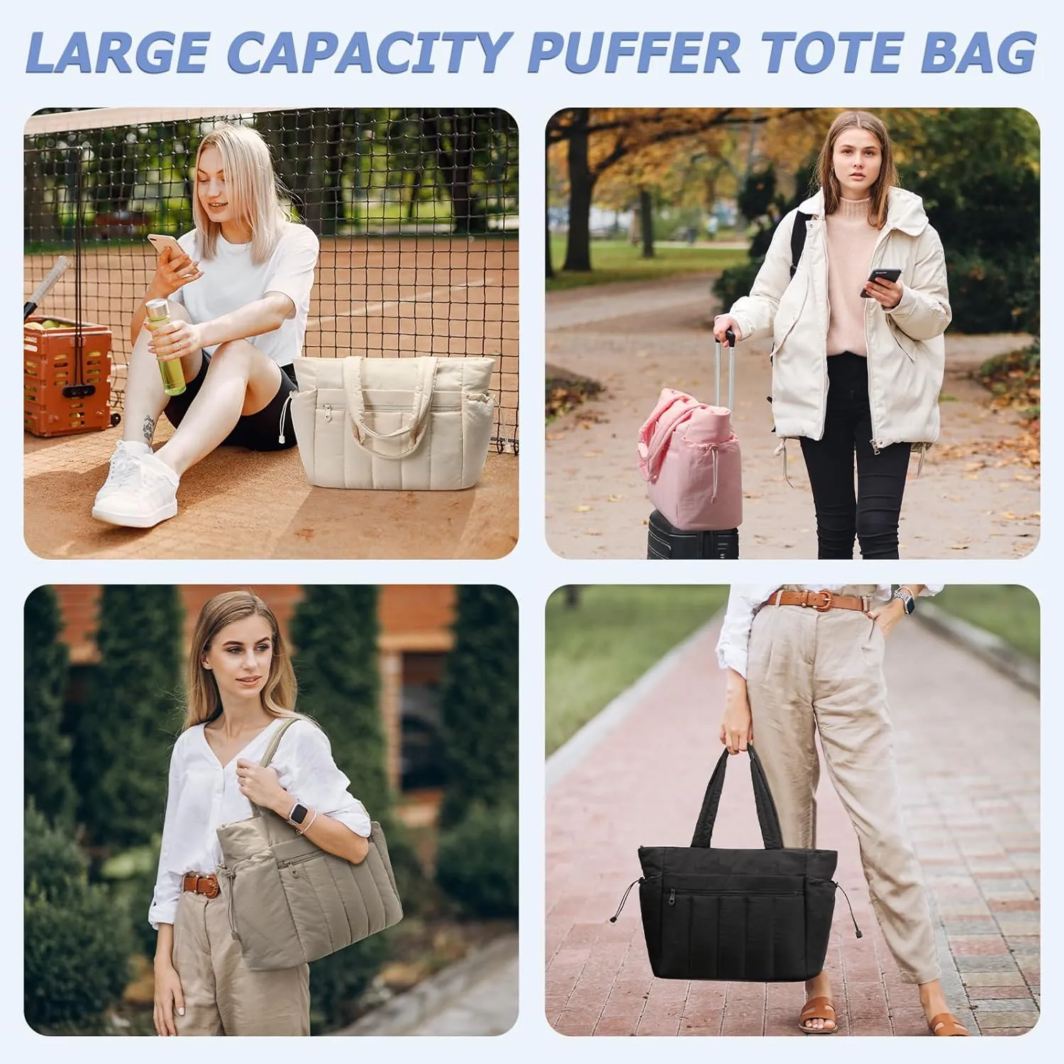 Tote Bag for Women, Lightweight Puffer Tote Bag with Compartments, Quilted Shoulder Bag Handbag with Zipper for Work