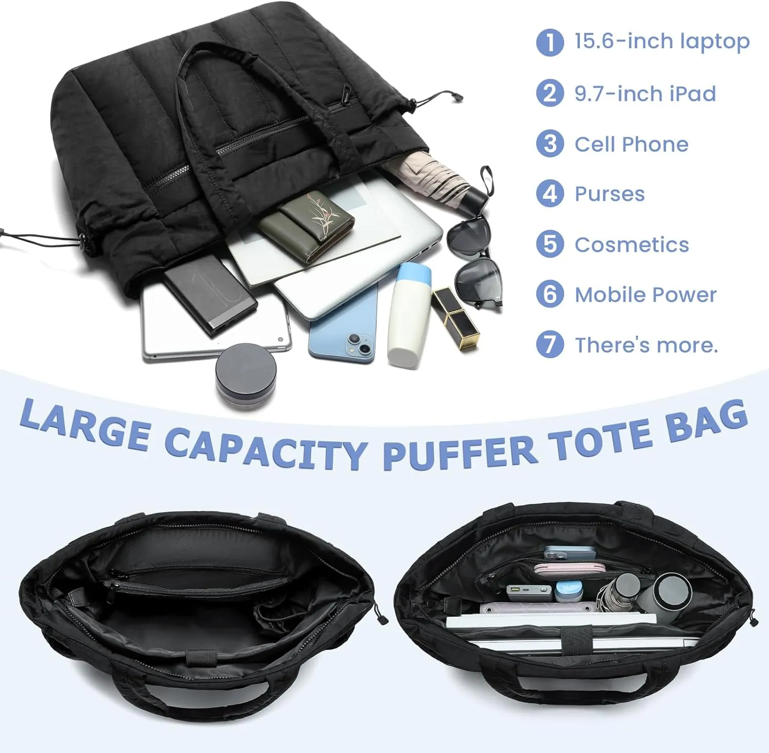 Tote Bag for Women, Lightweight Puffer Tote Bag with Compartments, Quilted Shoulder Bag Handbag with Zipper for Work