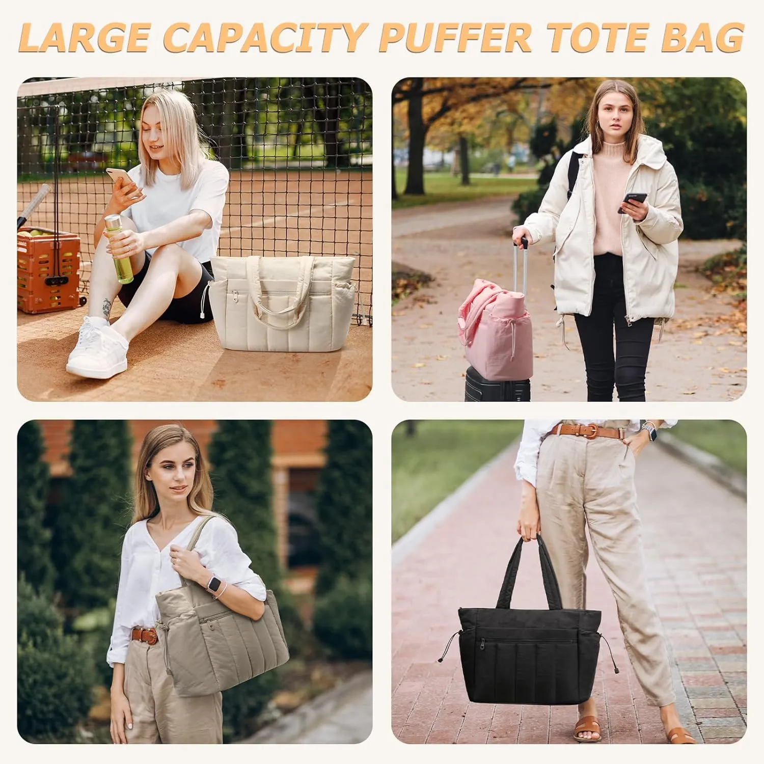 Tote Bag for Women, Lightweight Puffer Tote Bag with Compartments, Quilted Shoulder Bag Handbag with Zipper for Work