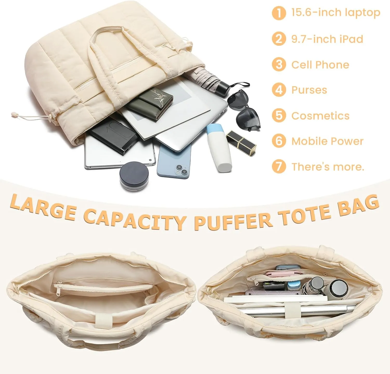Tote Bag for Women, Lightweight Puffer Tote Bag with Compartments, Quilted Shoulder Bag Handbag with Zipper for Work