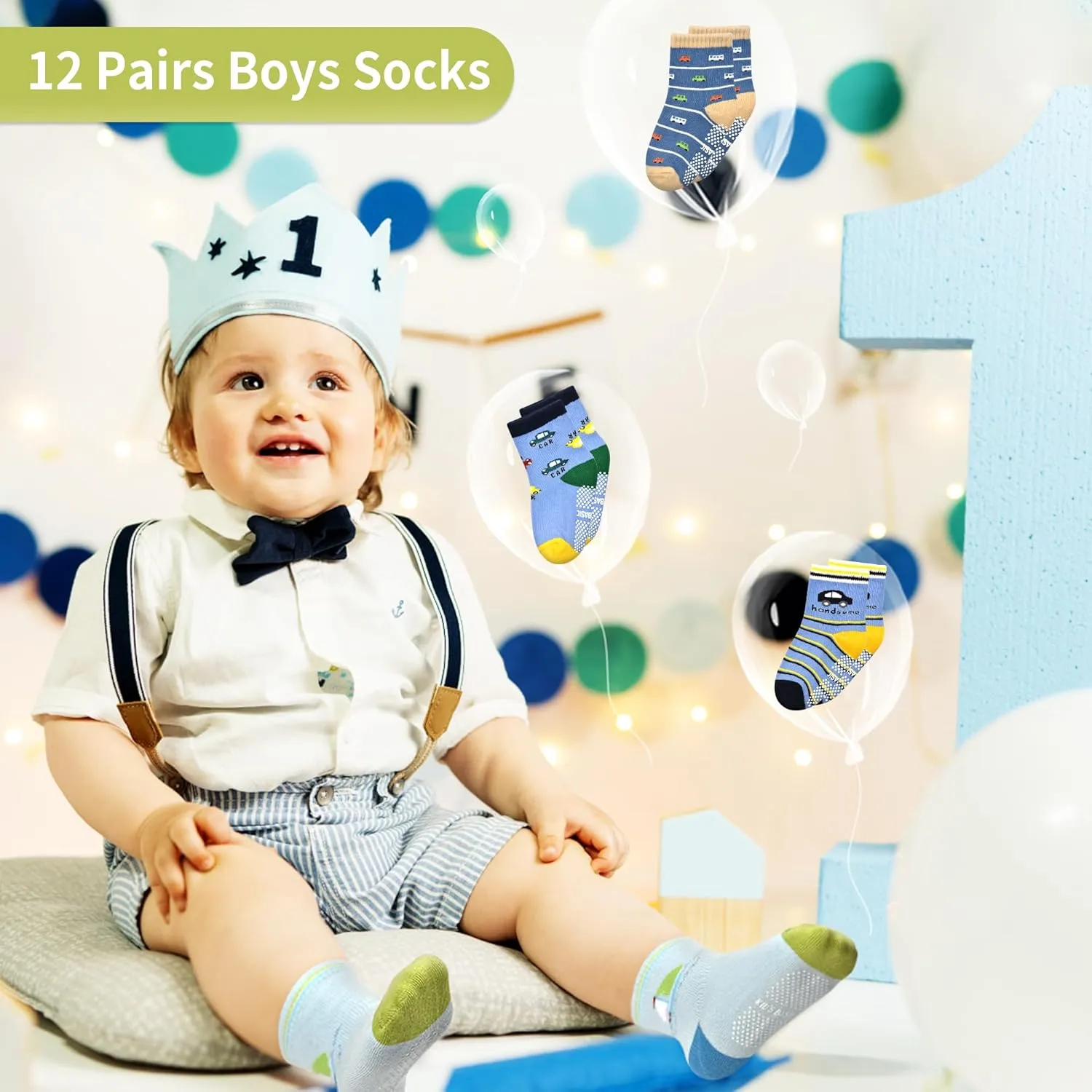 Tphon Non Slip Kids Toddler Socks with Gripper - 12 Pairs Anti Skid Socks for Boys & Girls, Ages 1-7