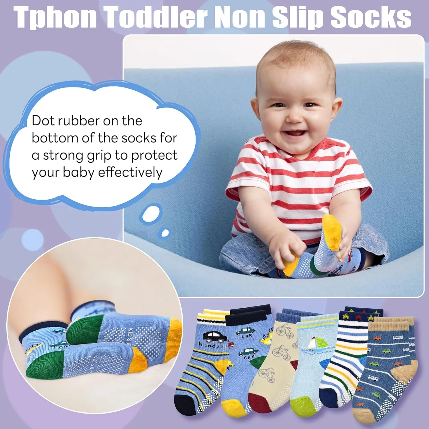 Tphon Non Slip Kids Toddler Socks with Gripper - 12 Pairs Anti Skid Socks for Boys & Girls, Ages 1-7