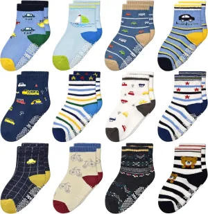 Tphon Non Slip Kids Toddler Socks with Gripper - 12 Pairs Anti Skid Socks for Boys & Girls, Ages 1-7