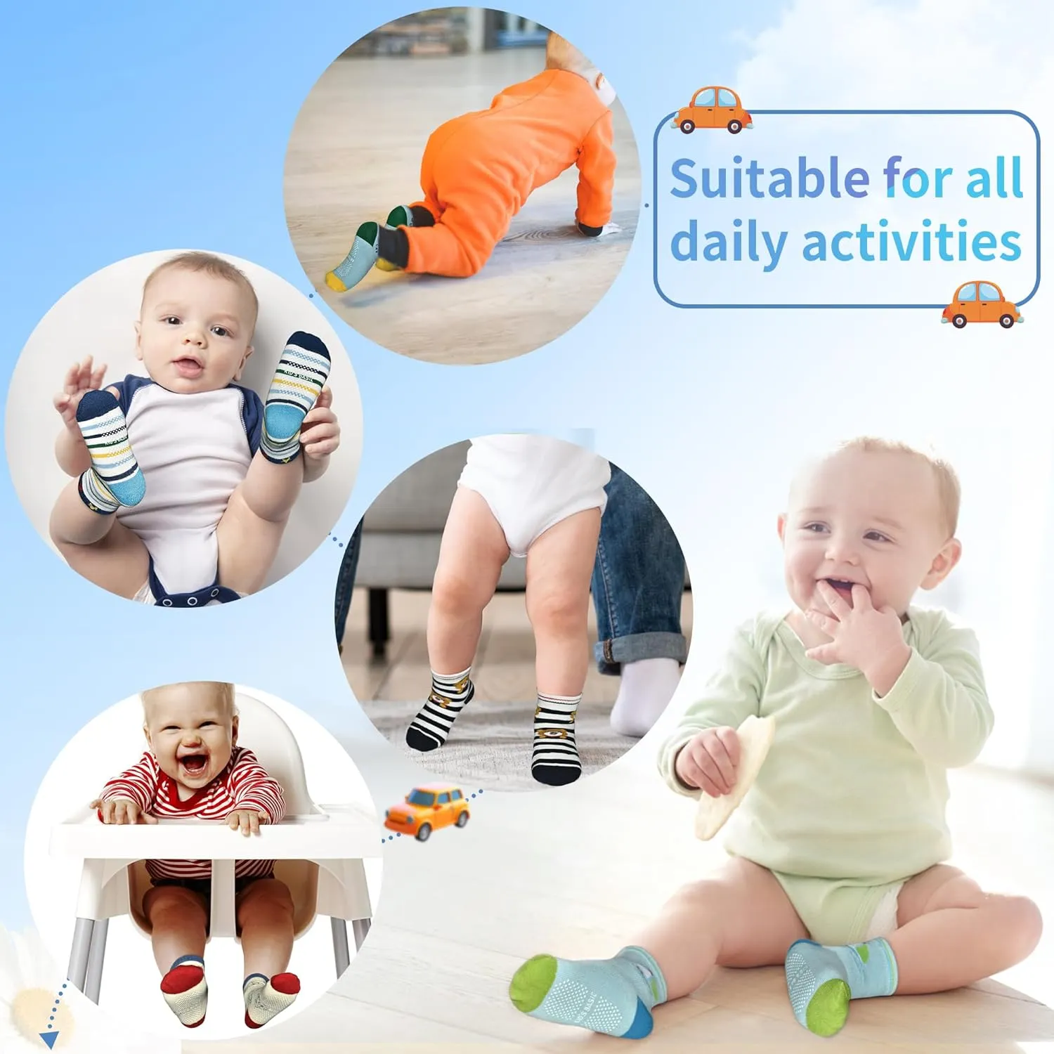 Tphon Non Slip Kids Toddler Socks with Gripper - 12 Pairs Anti Skid Socks for Boys & Girls, Ages 1-7