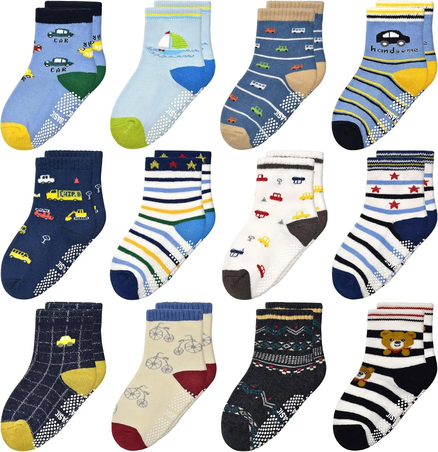 Tphon Non Slip Kids Toddler Socks with Gripper - 12 Pairs Anti Skid Socks for Boys & Girls, Ages 1-7
