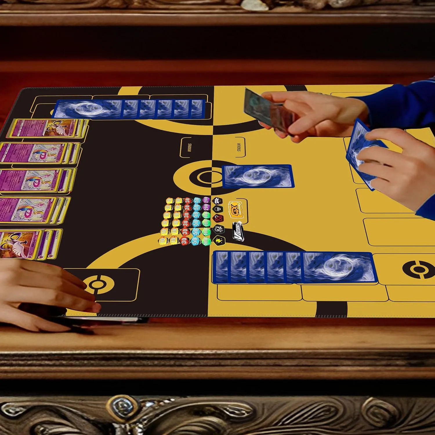 Trading Card Game Playmat – 2-Player Trainer Mat with 37 Damage Counters and Professional Storage Bag (Yellow)