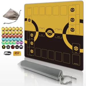 Trading Card Game Playmat – 2-Player Trainer Mat with 37 Damage Counters and Professional Storage Bag (Yellow)
