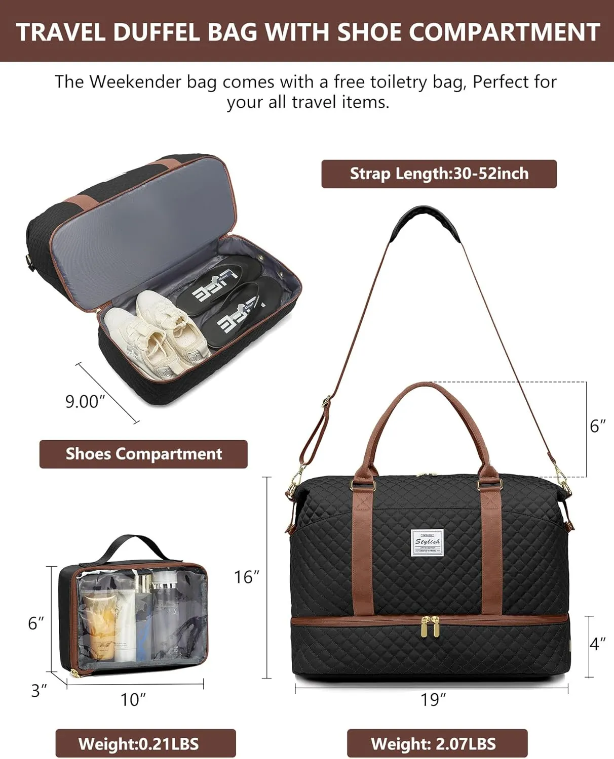 Travel Weekender Bags for Women Duffle - Carry on Overnight Bag with Shoe Compartment & Toiletry Gym Duffel Bags with Wet Pocket Hospital for Labor and Delivery Black Brown