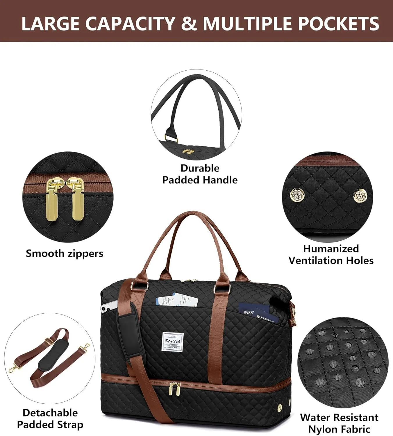 Travel Weekender Bags for Women Duffle - Carry on Overnight Bag with Shoe Compartment & Toiletry Gym Duffel Bags with Wet Pocket Hospital for Labor and Delivery Black Brown