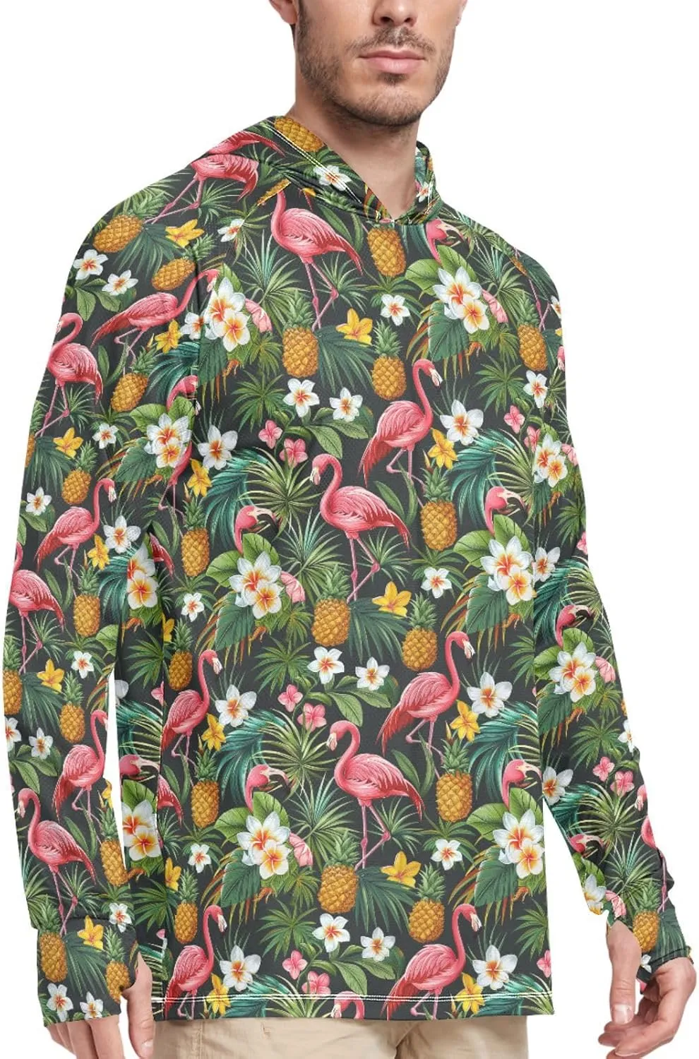 Tropical Pineapples Flamingos Sun Protection Hoodies Long Sleeve Fishing Shirt UPF 50  Sailing Shirts Rash Guard UV Shirts