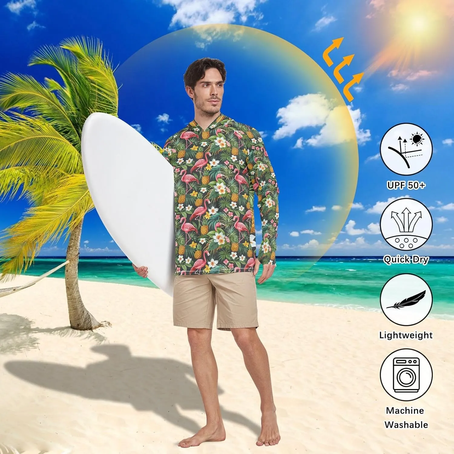 Tropical Pineapples Flamingos Sun Protection Hoodies Long Sleeve Fishing Shirt UPF 50  Sailing Shirts Rash Guard UV Shirts