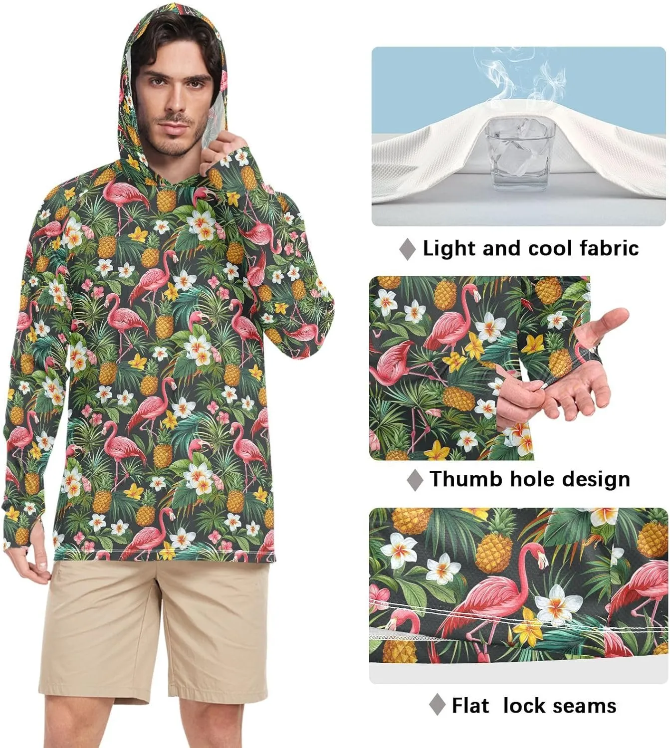 Tropical Pineapples Flamingos Sun Protection Hoodies Long Sleeve Fishing Shirt UPF 50  Sailing Shirts Rash Guard UV Shirts