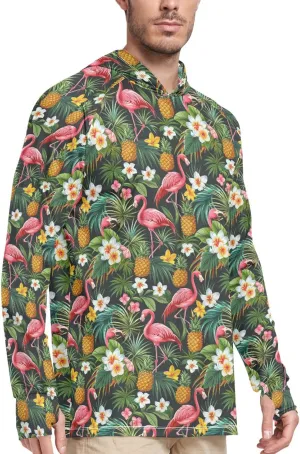 Tropical Pineapples Flamingos Sun Protection Hoodies Long Sleeve Fishing Shirt UPF 50  Sailing Shirts Rash Guard UV Shirts