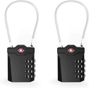 TSA Approved Locks for Luggage, 2 Pack Combination Travel Steel Cable Lock, Re-settable 4 Digit Padlocks with Inspection Indicator, Alloy Body Keyless Padlock for Lockers, Backpacks, Bags - Black