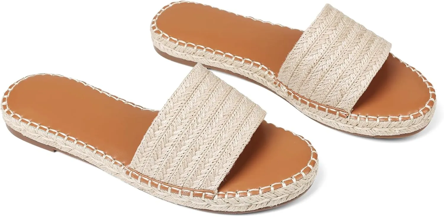 Tscoyuki Womens Flat Sandals Dressy Summer Slip On Resort Womens Sandals Raffia Beach Sandals Open Toe Espadrille Slides
