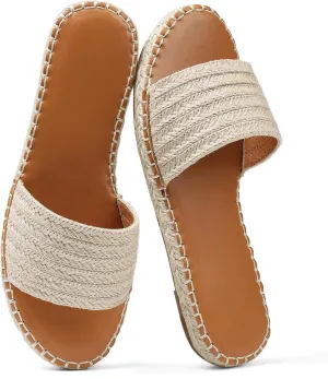Tscoyuki Womens Flat Sandals Dressy Summer Slip On Resort Womens Sandals Raffia Beach Sandals Open Toe Espadrille Slides