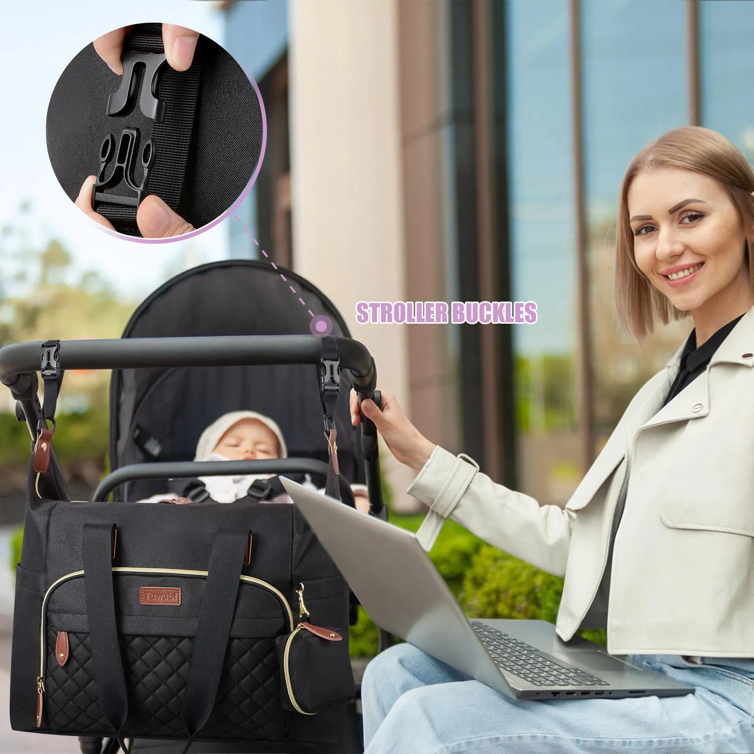Tuwubi Diaper Bag Tote,Baby Diaper Bag with Pacifier Case Large Travel Diaper Tote Caddy for Mom and Dad Multifunction Large Baby Bag - M-Black