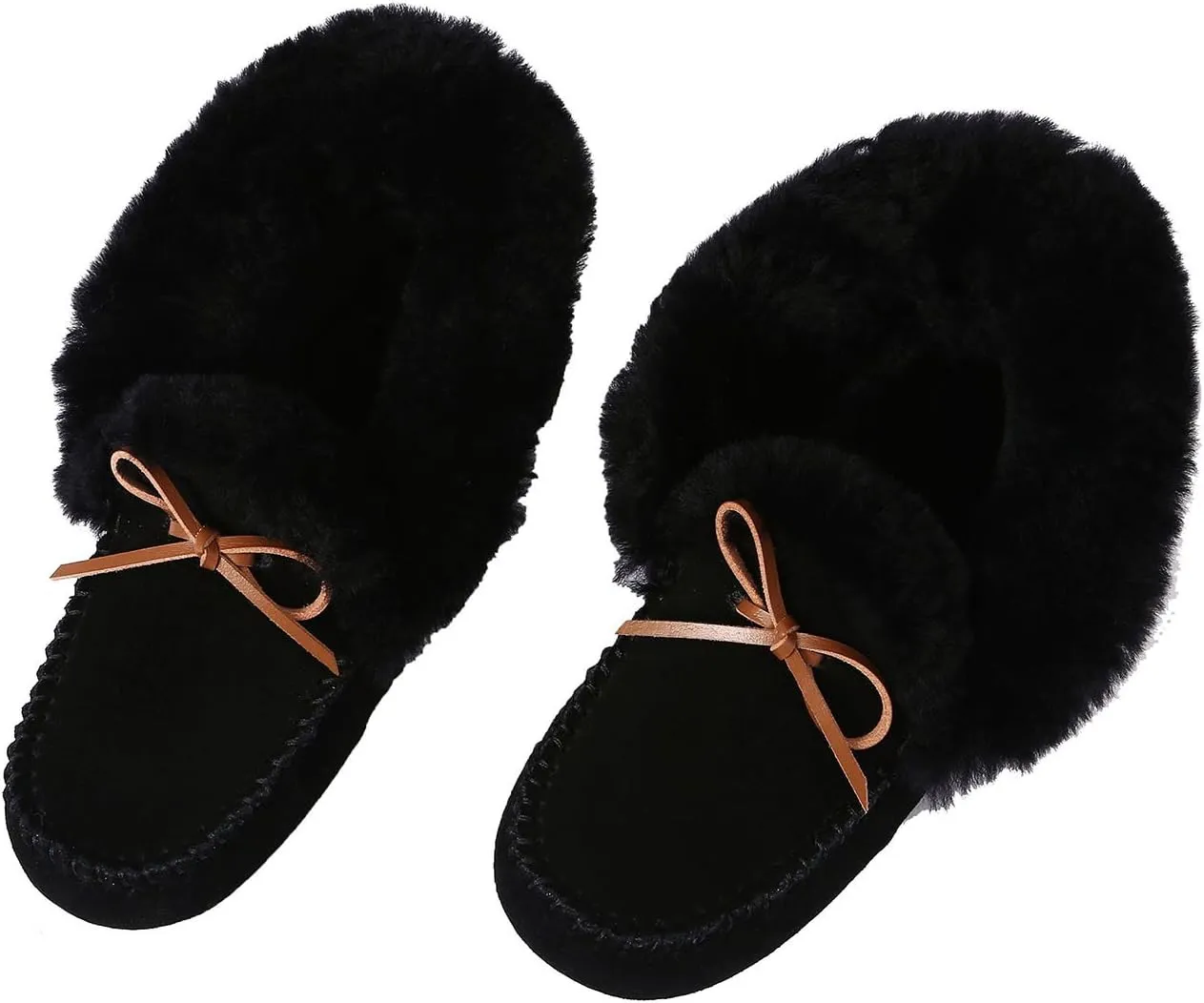 U-lite Women's Moccasin Slippers with Warm Wool Lining, Pigskin Leather Non-Slip Rubber Sole for Indoor and Outdoor Casual Winter Flat Shoes