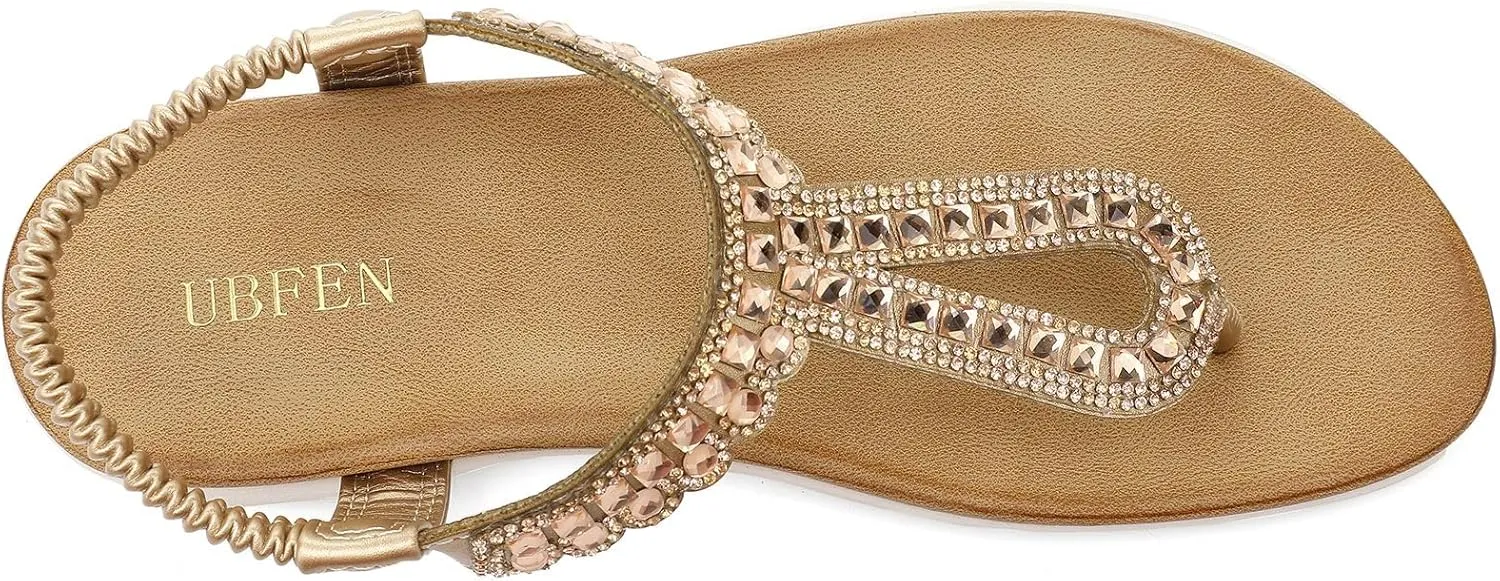 UBFEN Womens Flat Sandals Rhinestone Thong Sandals with Elastic Ankle Strap Dressy Comfortable Lightweight Summer Shoes