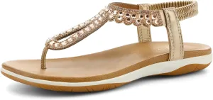 UBFEN Womens Flat Sandals Rhinestone Thong Sandals with Elastic Ankle Strap Dressy Comfortable Lightweight Summer Shoes