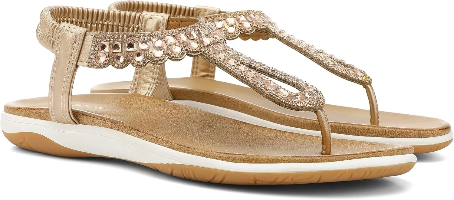 UBFEN Womens Flat Sandals Rhinestone Thong Sandals with Elastic Ankle Strap Dressy Comfortable Lightweight Summer Shoes