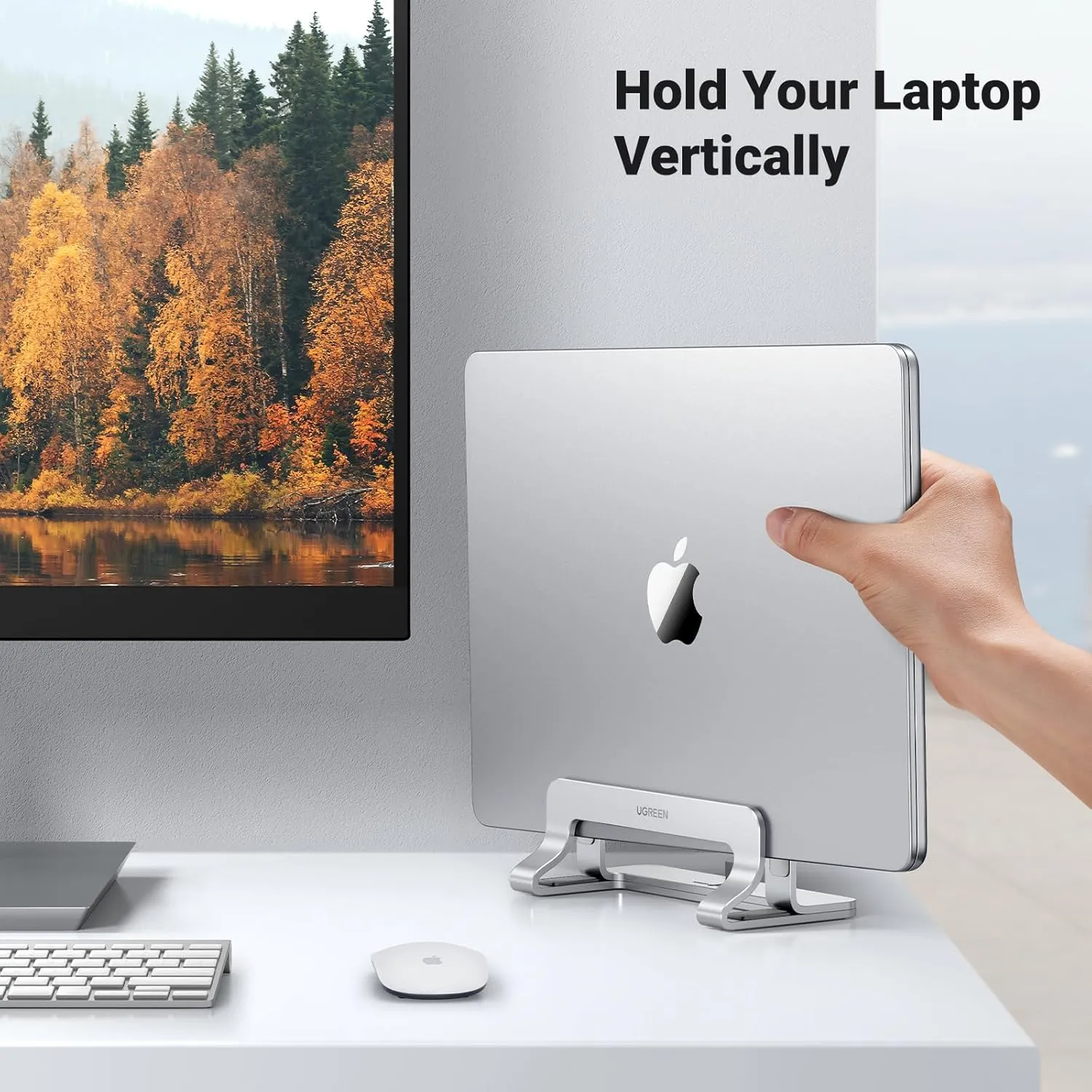 UGREEN Vertical Laptop Stand Holder for Desk Compatible with MacBook Pro, MacBook Air Stand Vertical Aluminum Adjustable for Up to 17.3 Inch Gaming Laptop, Silver