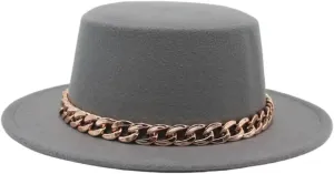 Unisex Fedora Hat Golden Acrylic Chain Small Brim Flat-Top Felt Cap Men Women Party Performance Boater Top Hat