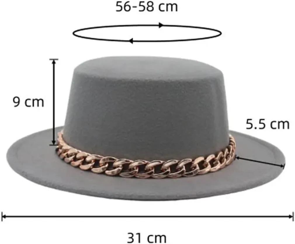 Unisex Fedora Hat Golden Acrylic Chain Small Brim Flat-Top Felt Cap Men Women Party Performance Boater Top Hat