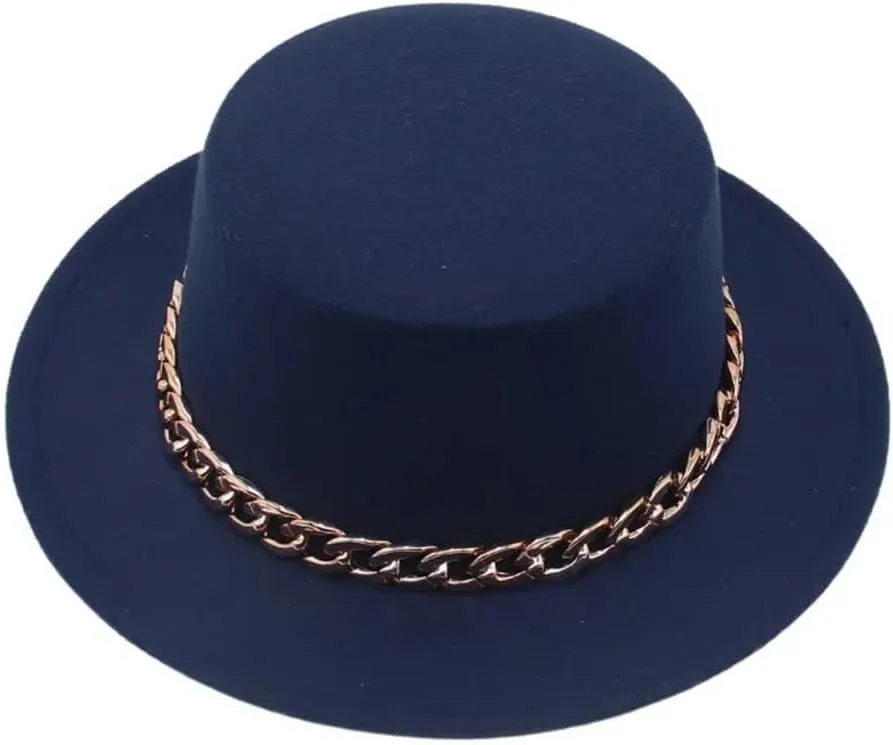 Unisex Fedora Hat Golden Acrylic Chain Small Brim Flat-Top Felt Cap Men Women Party Performance Boater Top Hat