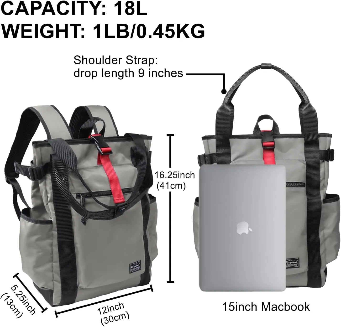 Unisex Laptop Tote Backpack Convertible Lightweight Nylon Water-Resistant Everyday Shoulder Tote bag Backpack with Water Bottle Pocket Work Travel, Gray
